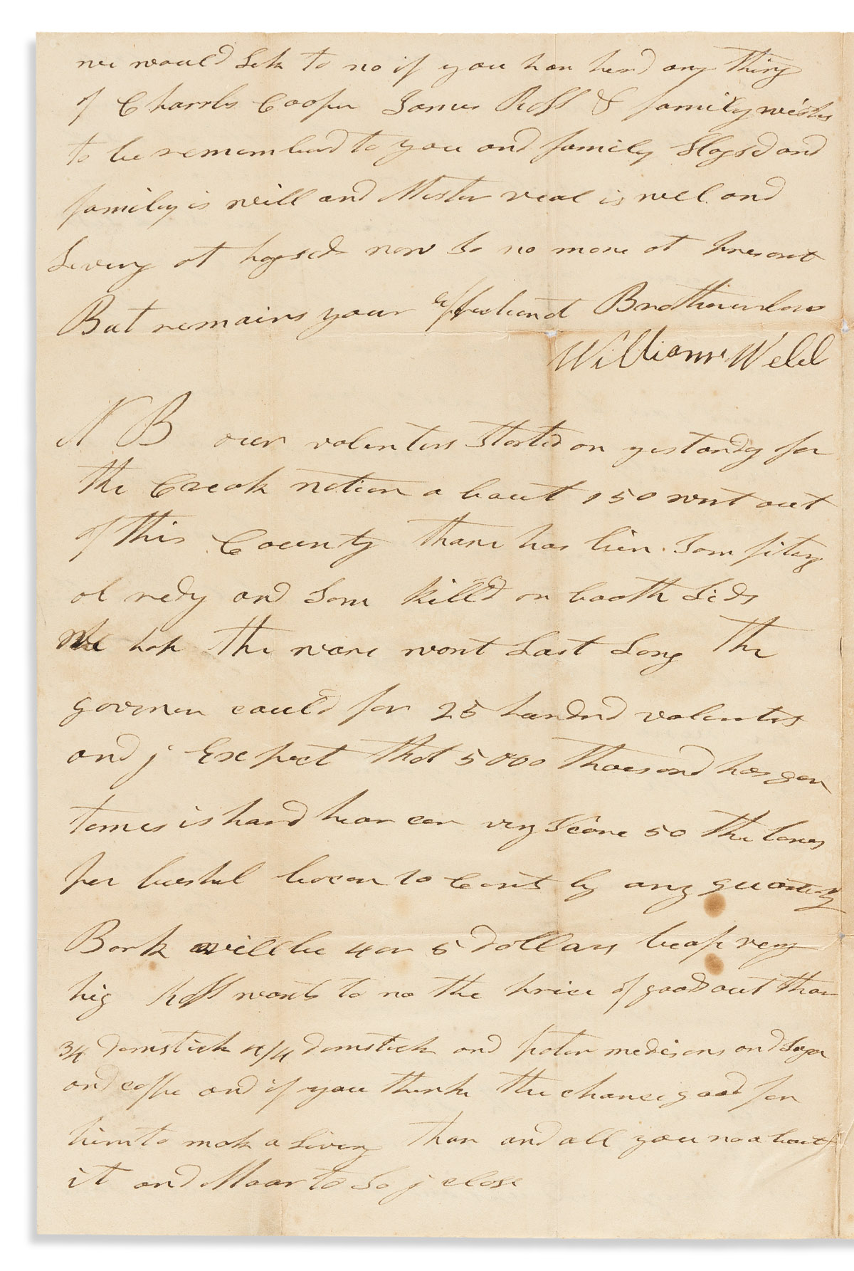 (AMERICAN INDIANS.) William Webb. Letter describing the Creek War of 1836.